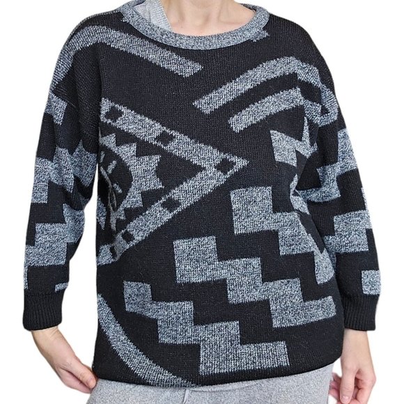 Vintage 80s Black Surfer Style Geometric Black Sweater M/L Abstract‎ Crewneck - Picture 1 of 10
